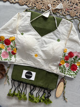 Mehndi Handloom Cotton Saree With Embrodery Work Redy Made Blouse